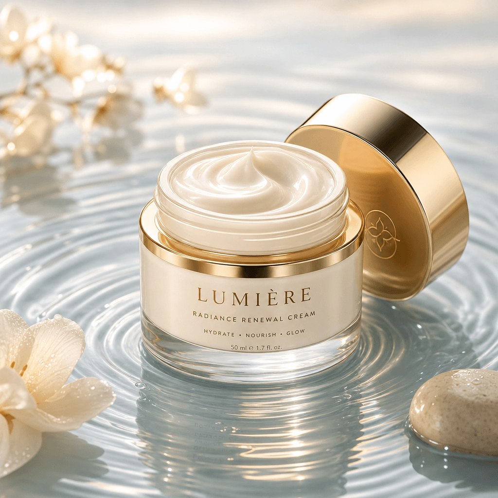 A cosmetic cream jar surrounded by soft water ripples, highlighting its luxurious packaging and inviting texture in a ca