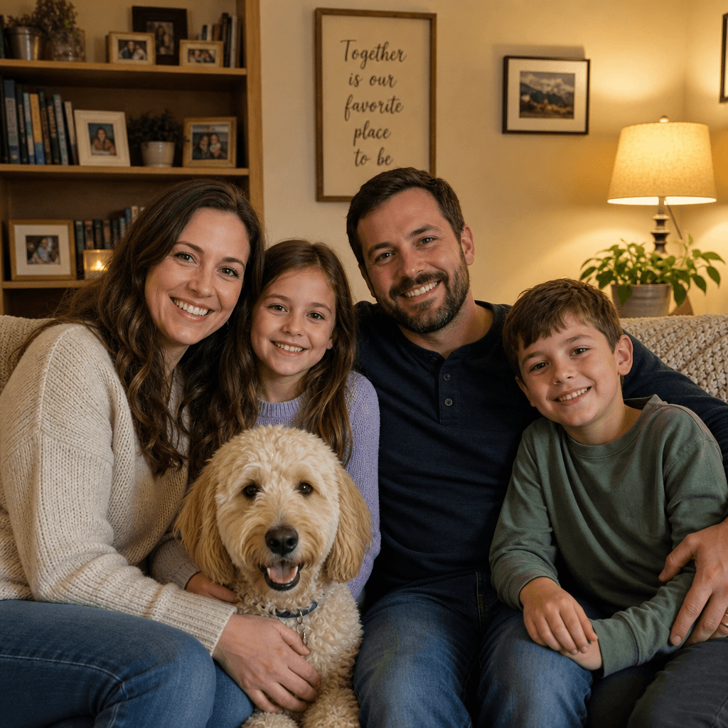 A family portrait taken in a cozy living room, with warm lighting and personal touches in the background.