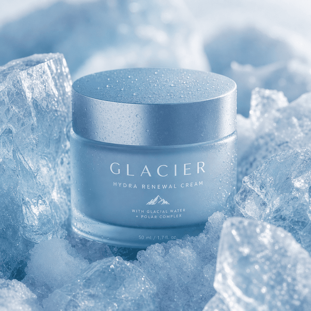 A close-up shot of a beauty product surrounded by ice crystals, showcasing the Glacier template's unique icy aesthetic.