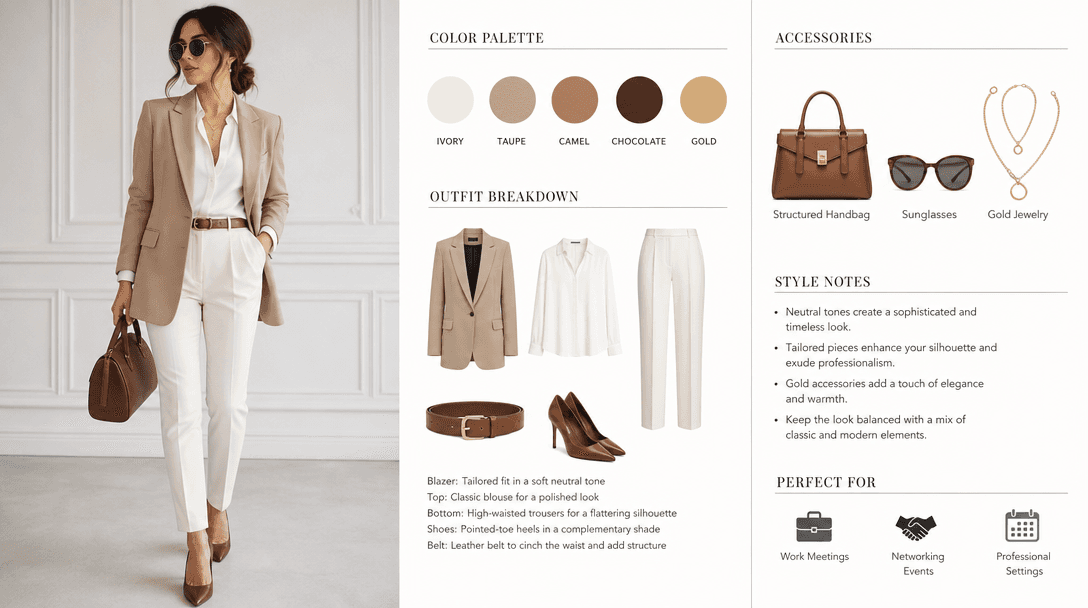 Fashion styling details, trendy outfit, accessories, color coordination, professional wardrobe aesthetic, contemporary s