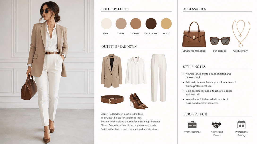 Fashion styling details, trendy outfit, accessories, color coordination, professional wardrobe aesthetic, contemporary s