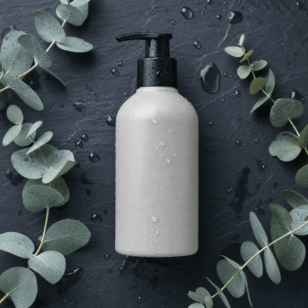 Square overhead editorial product shot of a pet grooming bottle on dark slate with water droplets and eucalyptus sprigs