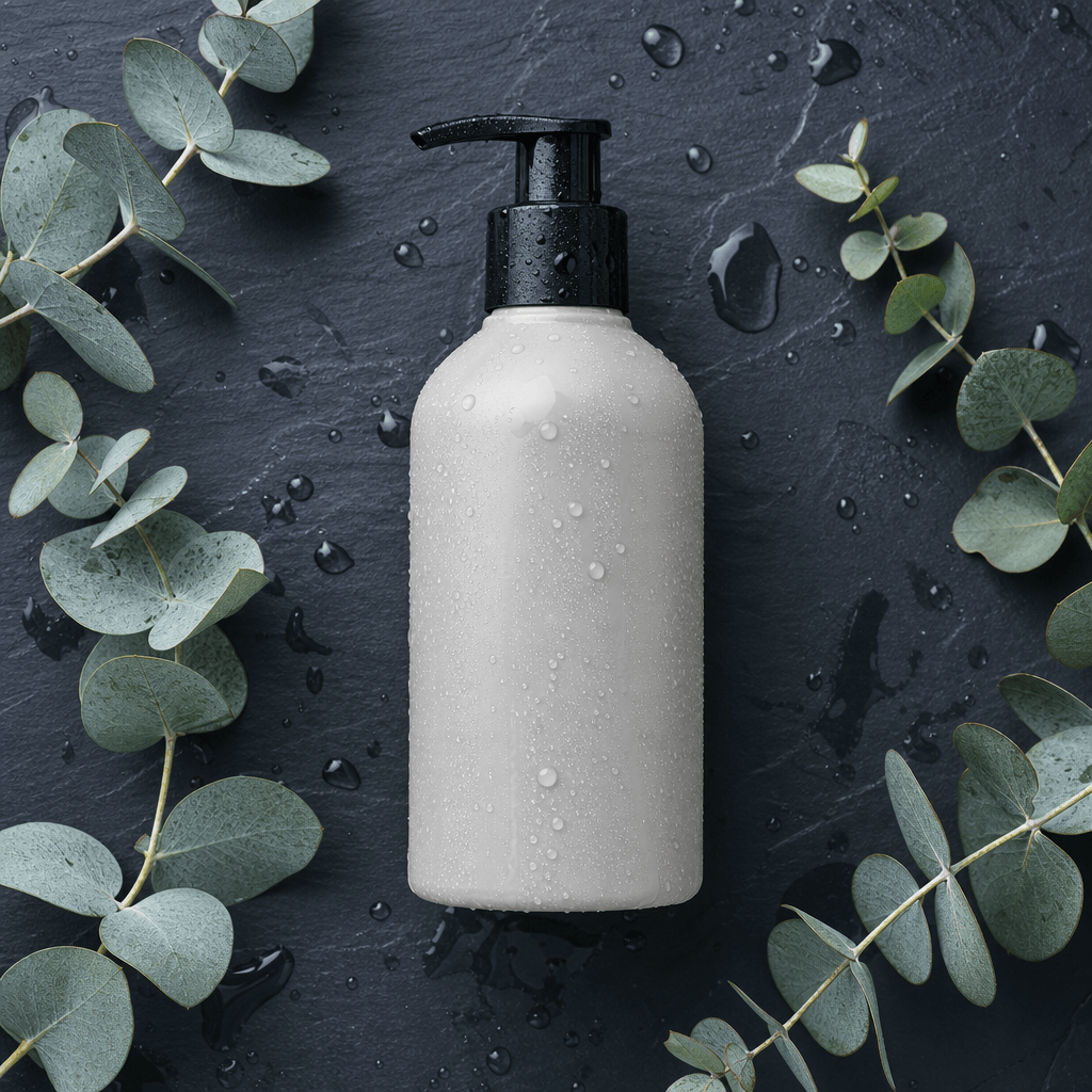 Square overhead editorial product shot of a pet grooming bottle on dark slate with water droplets and eucalyptus sprigs