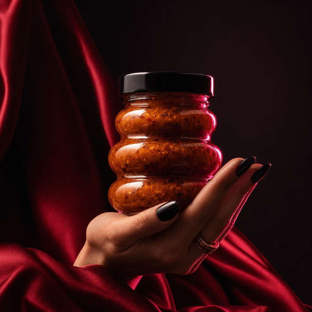A sculptural glass jar of gourmet sauce held beside rich crimson silk, dramatic dark editorial set, warm spotlight and h