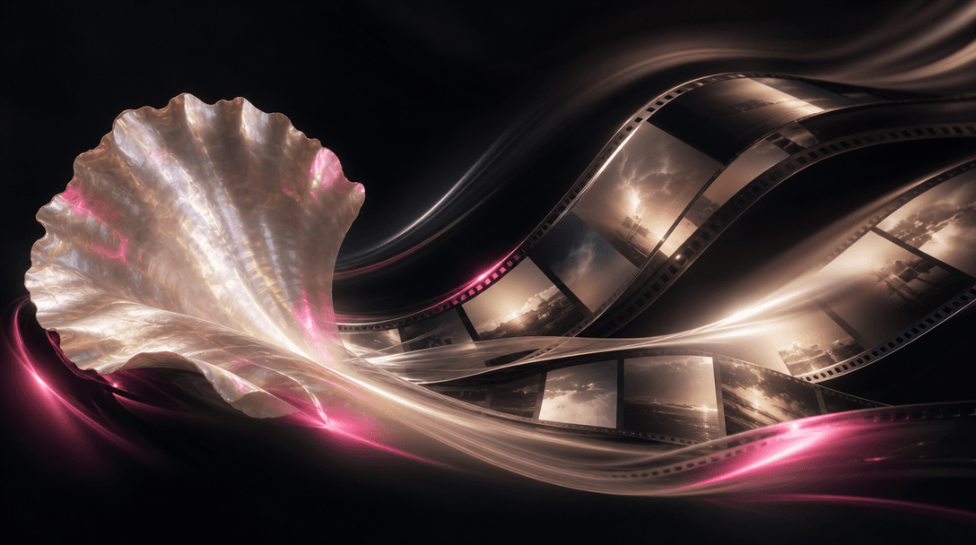 An abstract cinematic composition where pearlescent shell textures transition into flowing film-like ribbons, luminous i