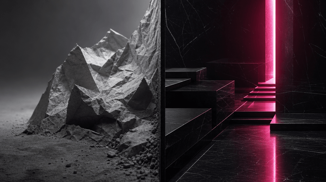 Two sharply contrasting material environments divided through the center: rough crumpled paper, dust, and flat gray ligh