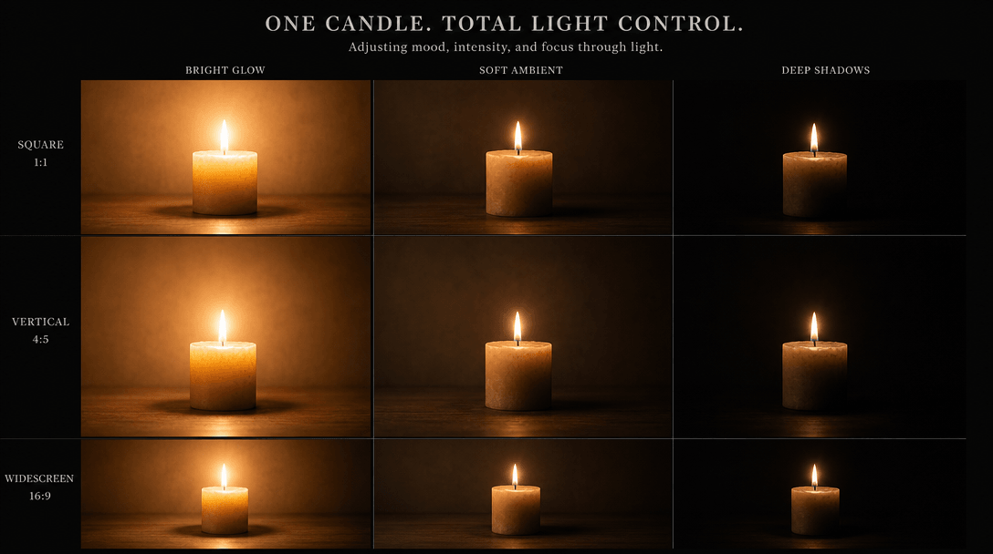Candle in adjustable lighting scenarios—bright glow, soft ambient, deep shadows. Multiple aspect ratio framing (square,