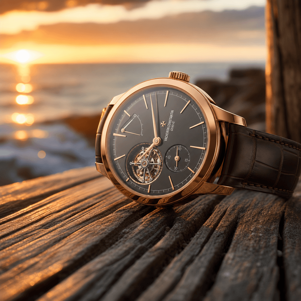 A premium watch resting on weathered wooden beach boardwalk with ocean and sunset bokeh backdrop. Refined watchmaking de