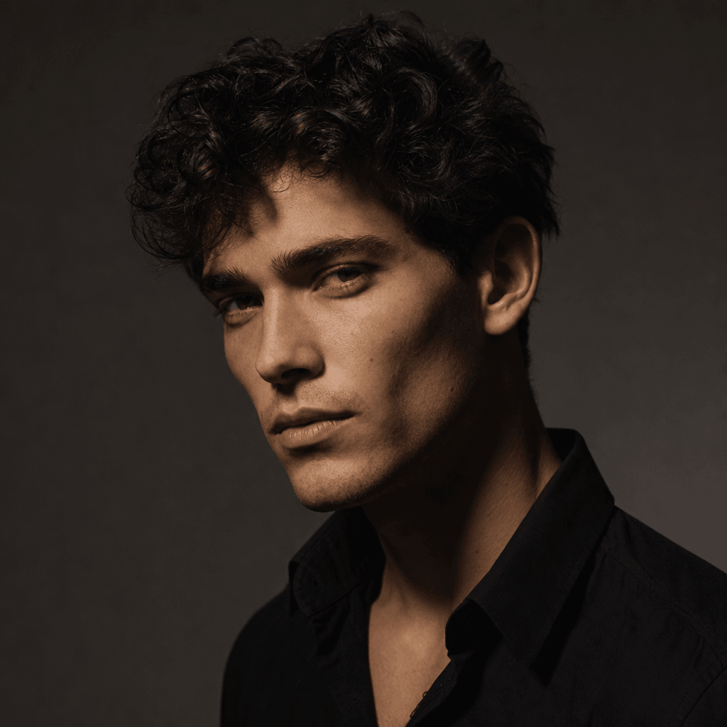 An artistic studio portrait of a person with dramatic lighting creating shadows that enhance their facial structure. The