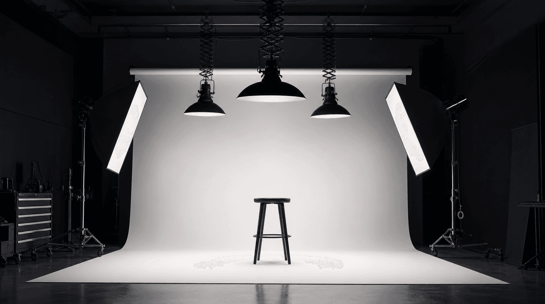 Professional photography studio setup with white seamless backdrop, studio lighting rigs positioned overhead, soft diffu