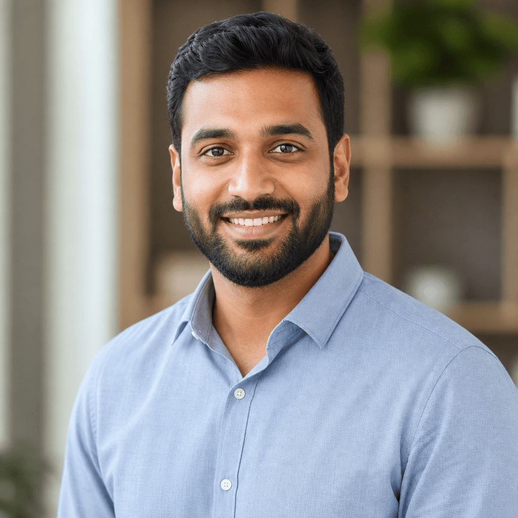 Professional diverse male in casual professional shirt, warm natural studio lighting, clean blurred background, friendly