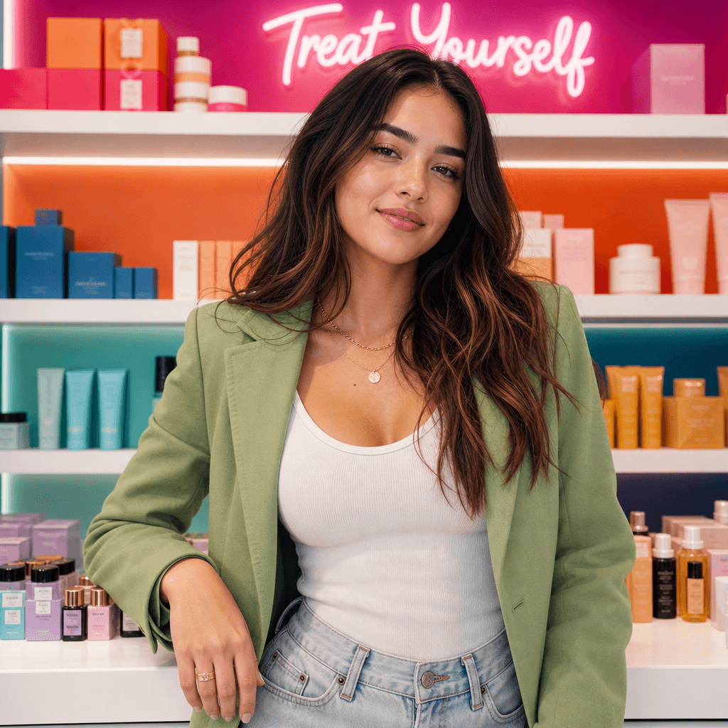 Fashion portrait against colorful product display, modern retail aesthetic, professional styling, contemporary look, soc