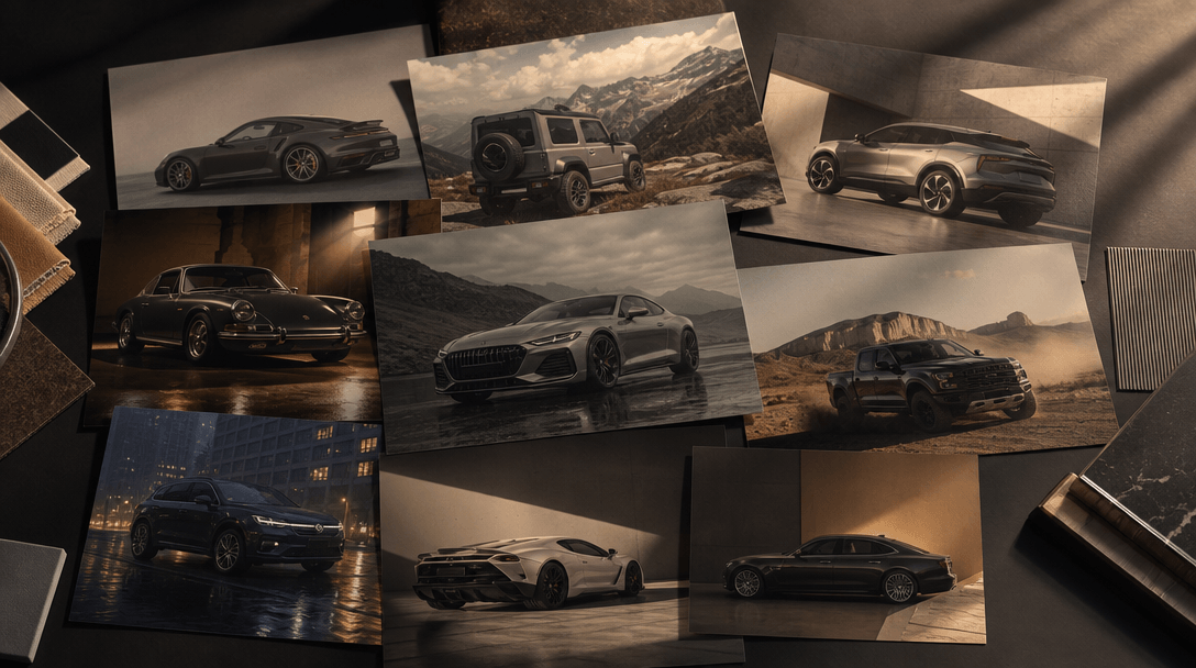 A flat-lay editorial mood board arranged on a dark matte surface — multiple automotive creative compositions showing dif