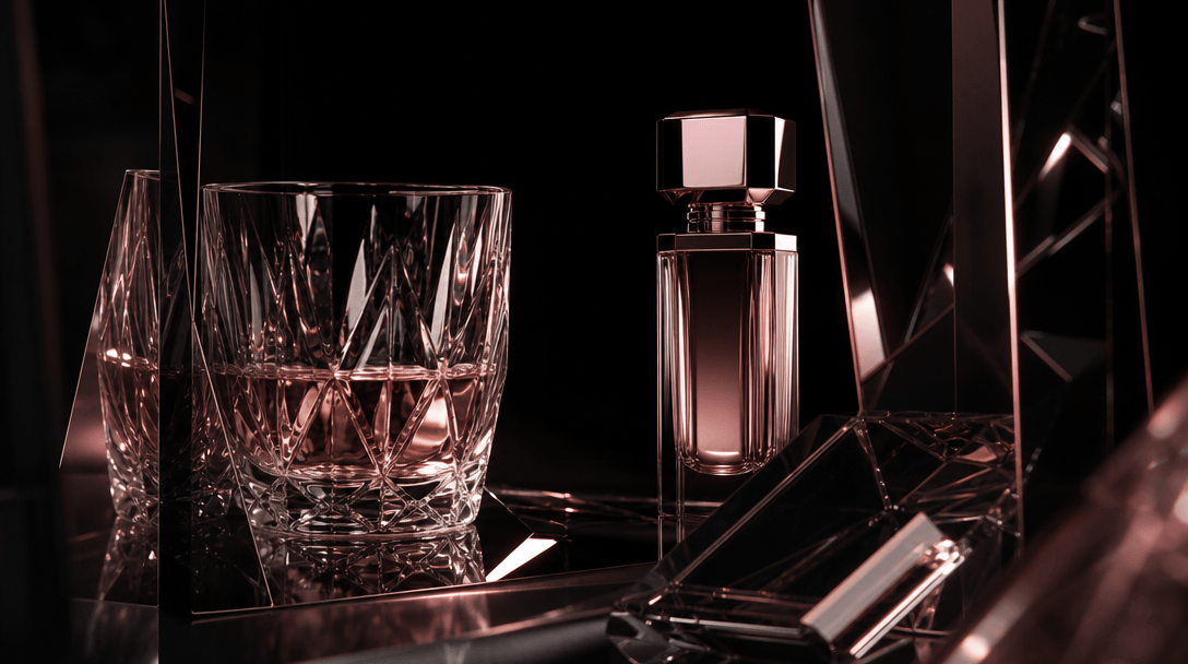 An abstract still life of a faceted crystal glass, pale rosé liquid, and a pristine beauty bottle emerging through layer