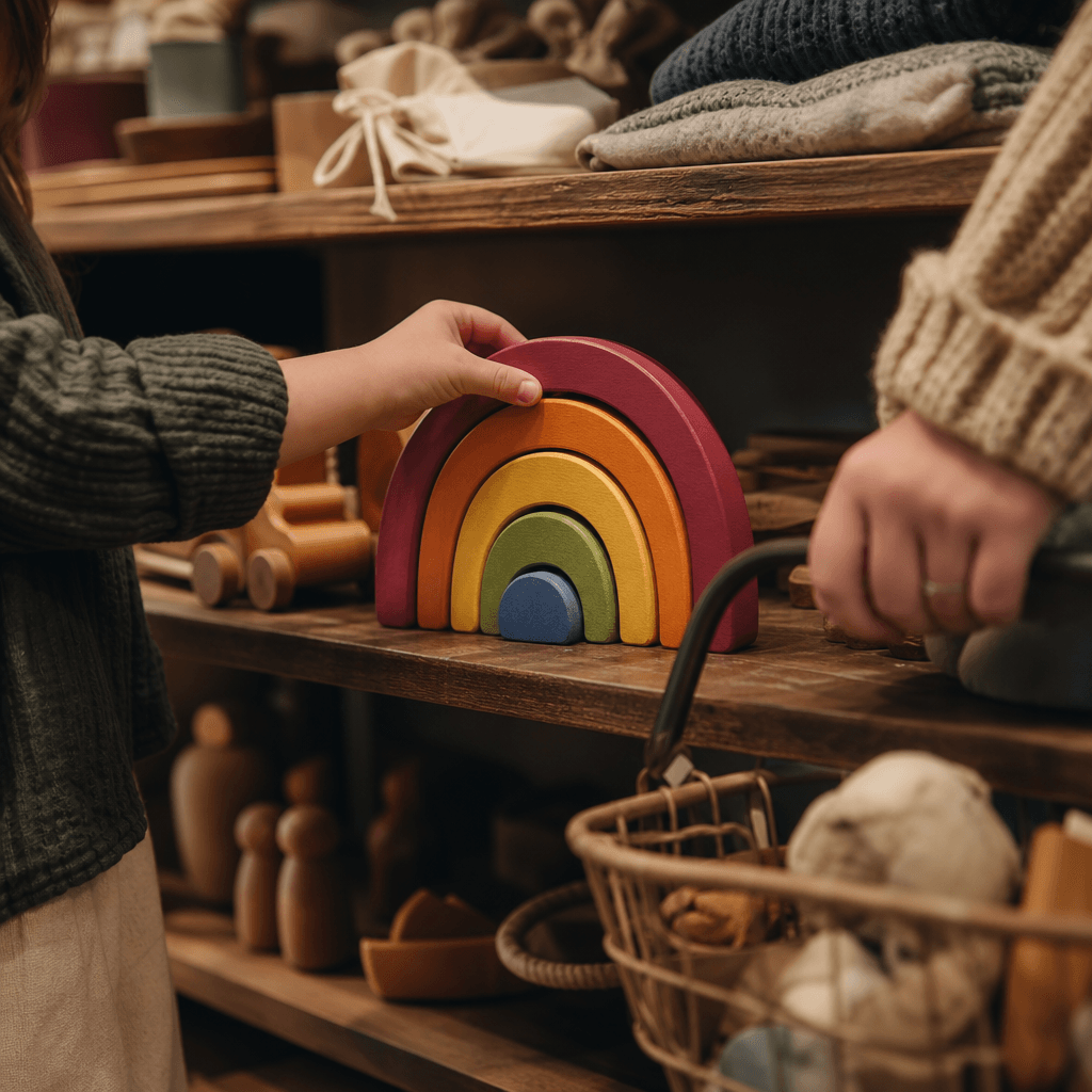 A colorful wooden toy on a low boutique shelf, selected by a child's hand while an adult hand gently holds a shopping ba