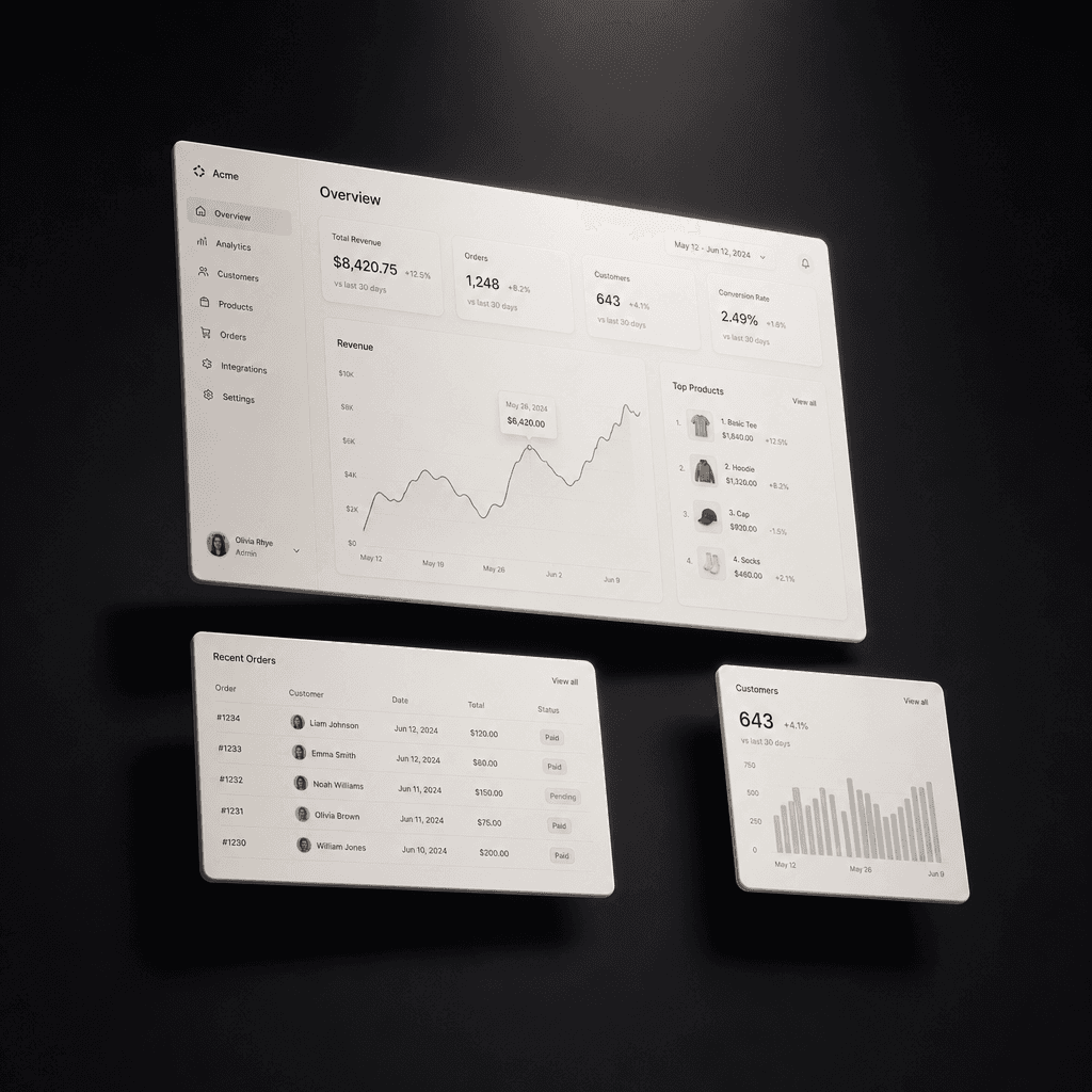 Minimal SaaS dashboard rendered as glowing off-white UI cards floating above a deep matte black surface. Clean sans-seri