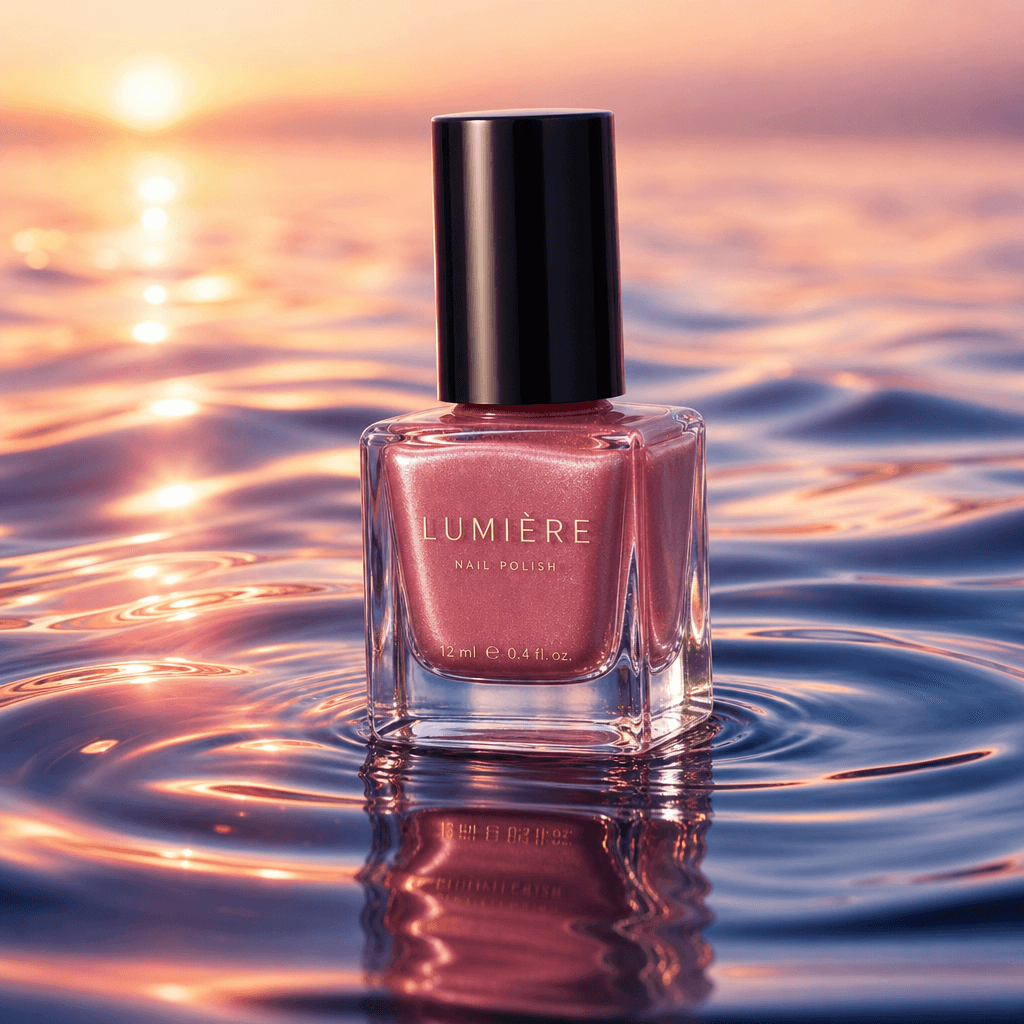 A bottle of nail polish positioned on water with soft ripples, capturing the light and colors in a visually stunning man