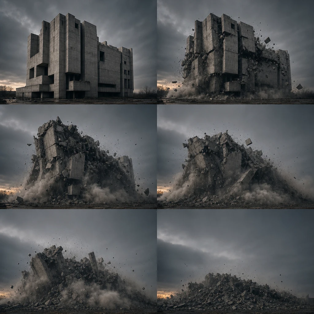Brutalist concrete structure deconstructing frame by frame, realistic physics, professional color grading, dark elegant