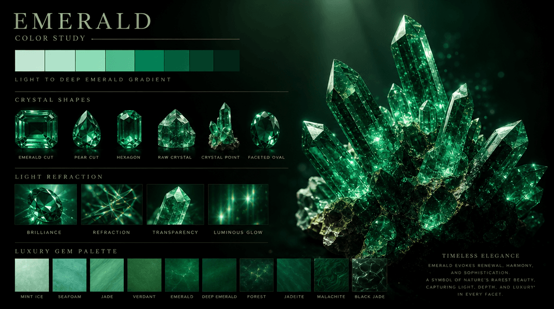 Emerald gradient and crystal color study. Green hues transitioning from light to deep jewel tones, light refracting thro