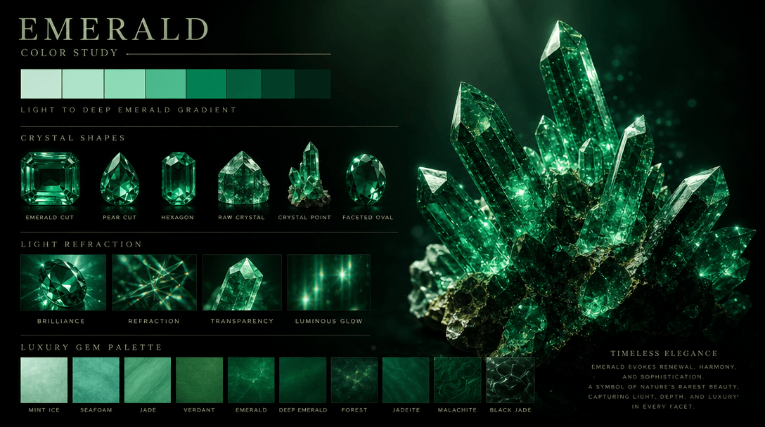 Emerald gradient and crystal color study. Green hues transitioning from light to deep jewel tones, light refracting thro