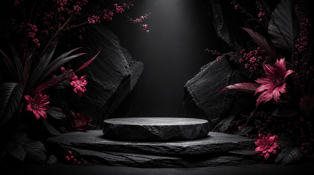 An abstract product pedestal emerging from layered black stone, with a single concentrated spotlight defining the centra