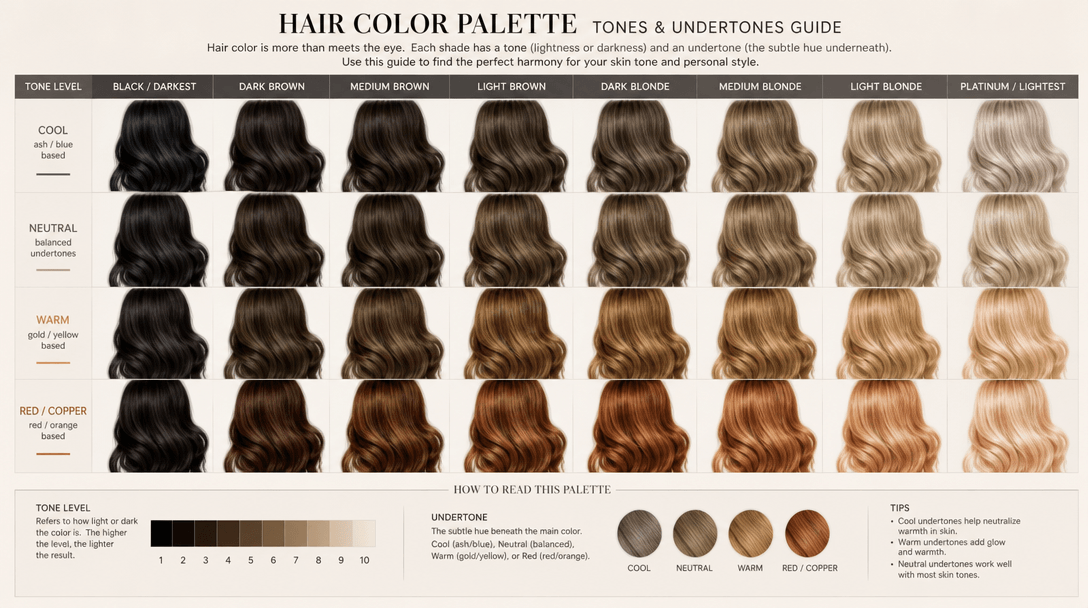 Color palette with different hair shades demonstrating tone variations and undertones, swatches with realistic rendering