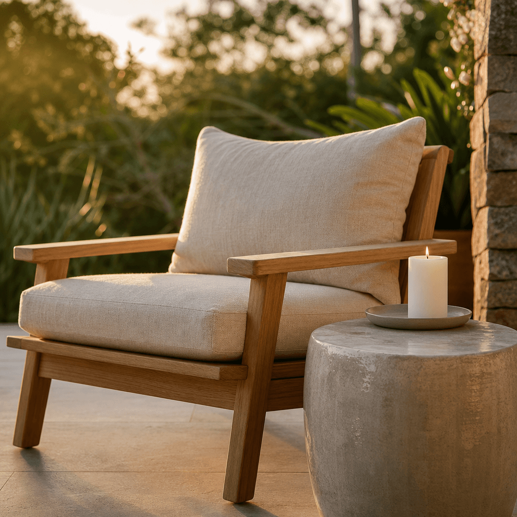 Outdoor terrace decor staging: teak lounge chair with natural linen cushion beside a low polished concrete side table, s