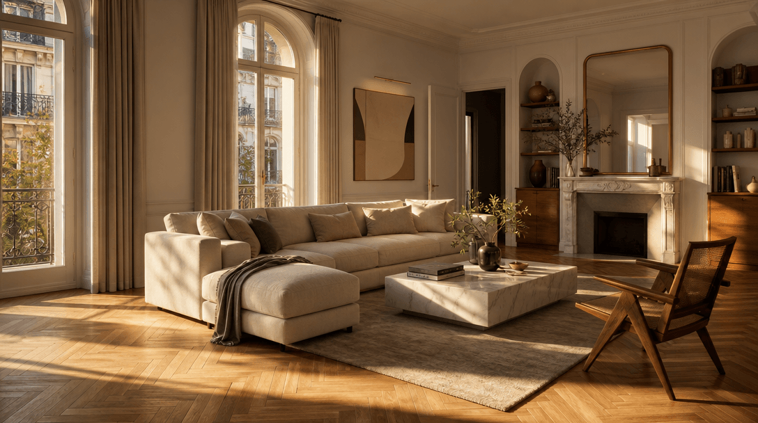 Editorial architectural interior photograph of a perfectly staged living room at golden hour. Warm late-afternoon light