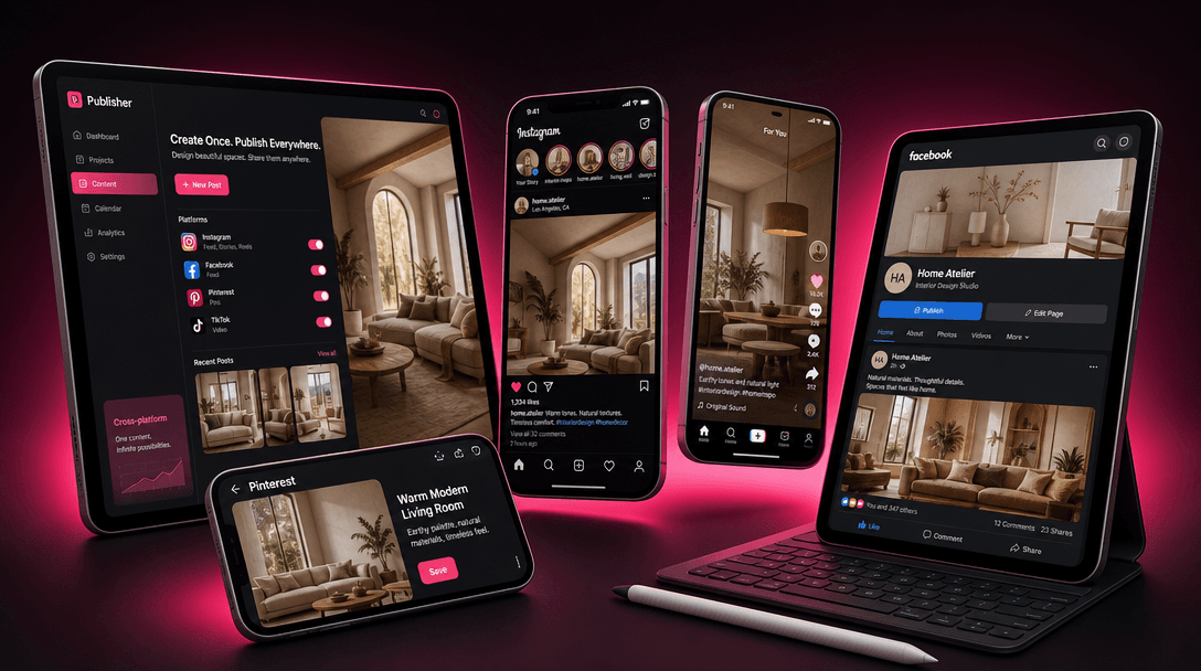 Smartphone and tablet devices arranged in dynamic 3D perspective composition against dark backdrop with soft hot pink am