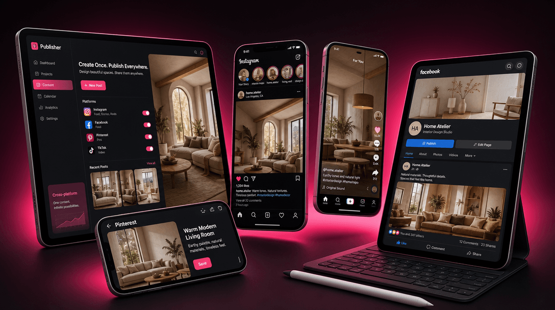 Smartphone and tablet devices arranged in dynamic 3D perspective composition against dark backdrop with soft hot pink am
