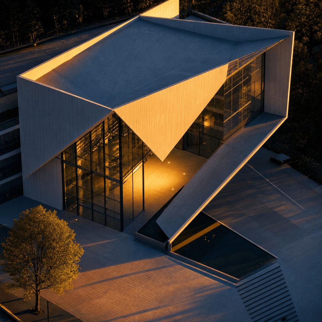 Aerial drone view of a sleek contemporary architectural building at golden hour, dramatic warm raking light casting long