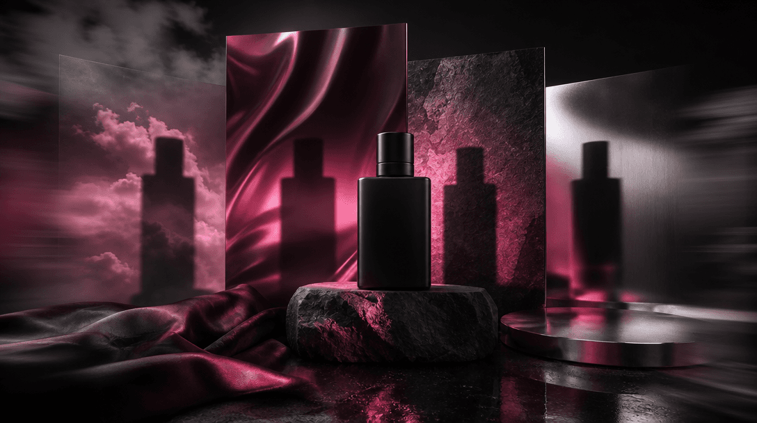 A single product silhouette casting multiple coordinated shadows across clouds, satin, stone, and reflective metal surfa