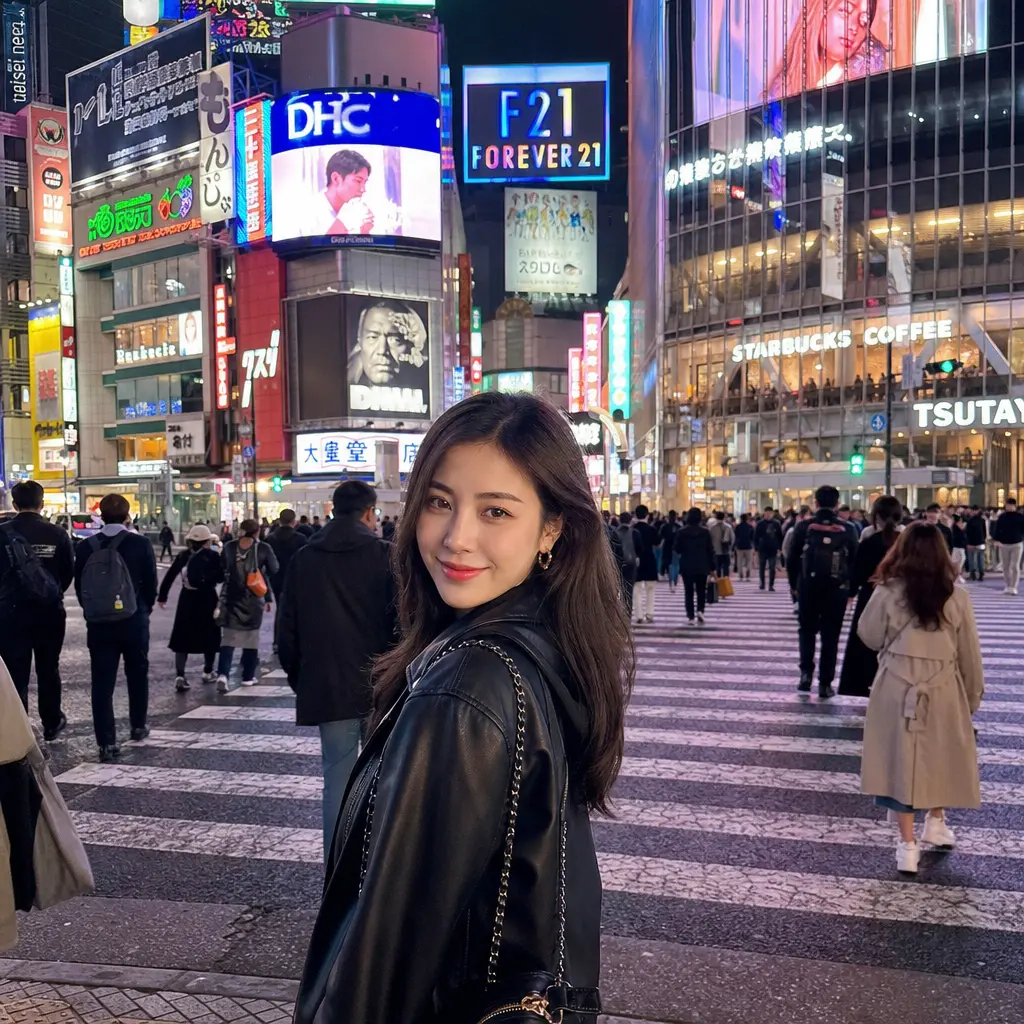 Person posing at Tokyo street crossing with neon signs and crowds. Vibrant urban lighting, contemporary Asian city atmos