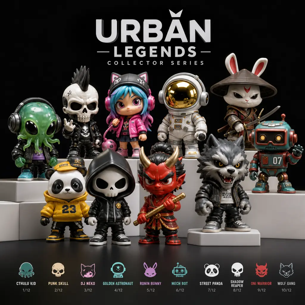 Collection of multiple unique plastic figurines arranged together, varied designs and styles, professional product light