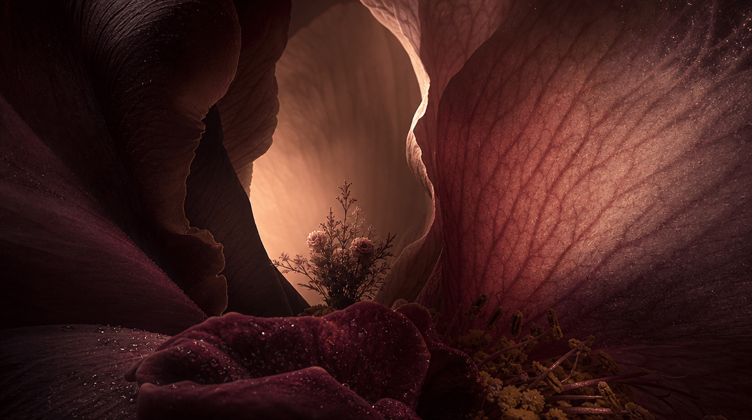 An abstract botanical landscape formed from enormous overlapping flower petals, with a miniature bouquet silhouette visi