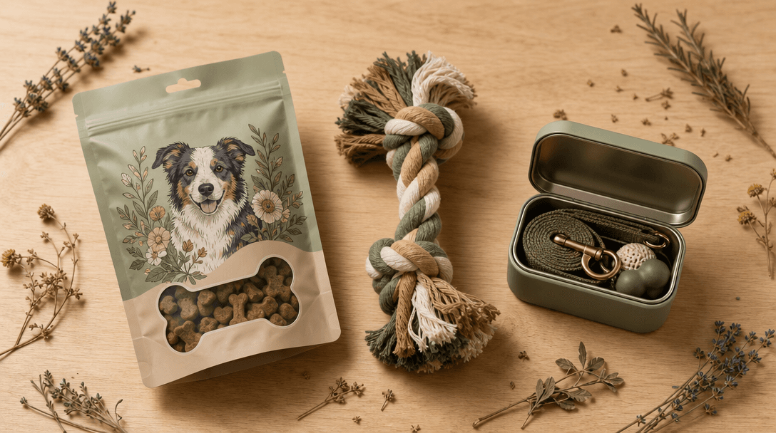 Widescreen editorial flatlay of three distinct pet product packages — a treat pouch, a rope toy, and a small accessories