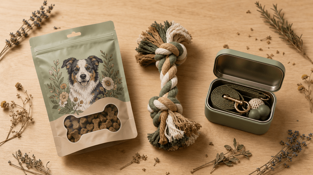 Widescreen editorial flatlay of three distinct pet product packages — a treat pouch, a rope toy, and a small accessories