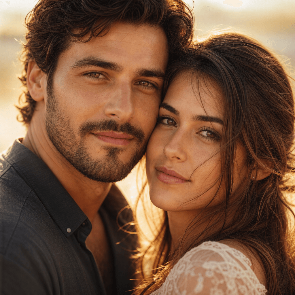 Close intimate couple portrait. Soft golden-hour lighting, faces close together, gentle expression. Warm color temperatu