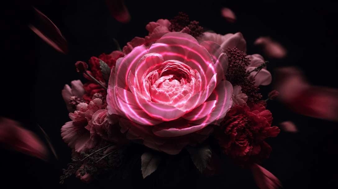 A single premium bouquet emerging from darkness as concentric hot pink light rings travel across petals like an incoming