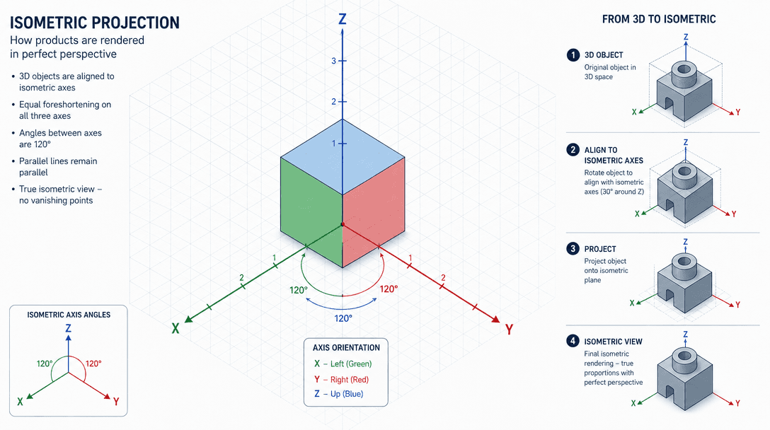 Geometric isometric projection grid with 3D coordinate axes showing how products are rendered in perfect perspective