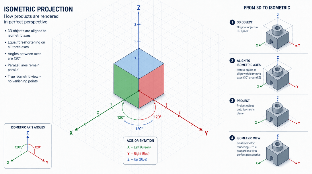 Geometric isometric projection grid with 3D coordinate axes showing how products are rendered in perfect perspective