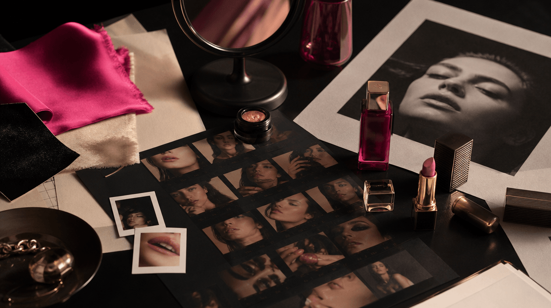 Curated beauty campaign still life with contact sheets, reflective cosmetic packaging, fabric swatches, a small mirror,