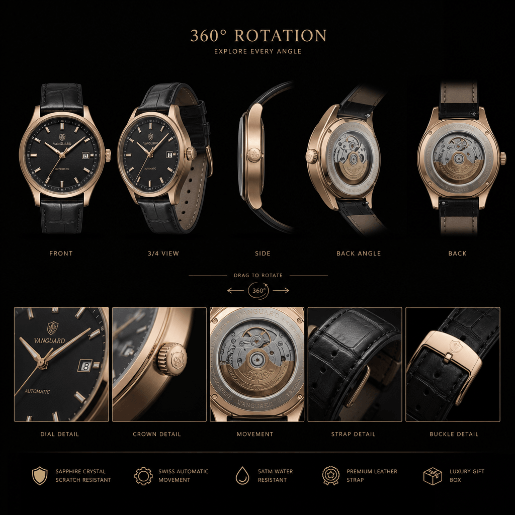 Luxury product 360 rotation frame, detailed view from different angle, premium presentation.