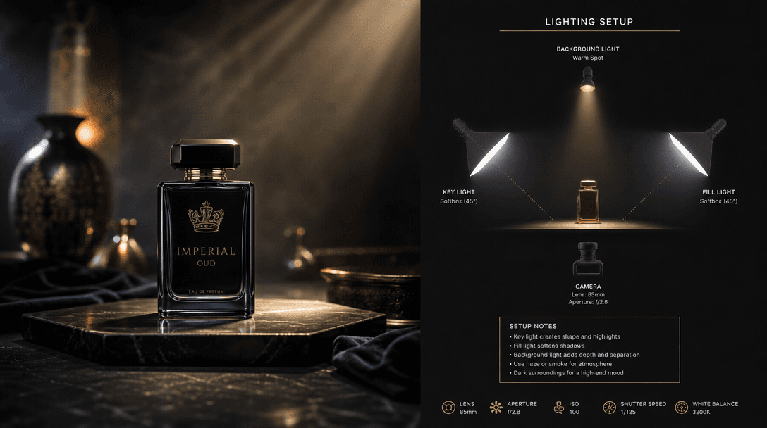 Cinematic product lighting setup: luxury object under three-point studio lights with dramatic shadows and atmospheric ha