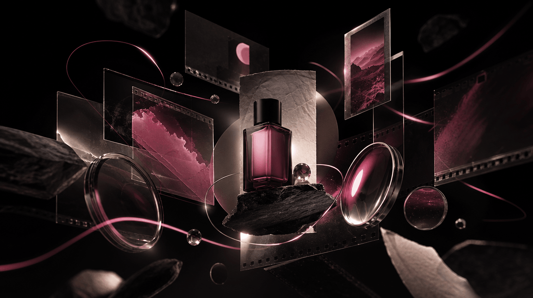 An abstract constellation of cinematic frames represented by floating physical film plates, lenses, textured paper, and
