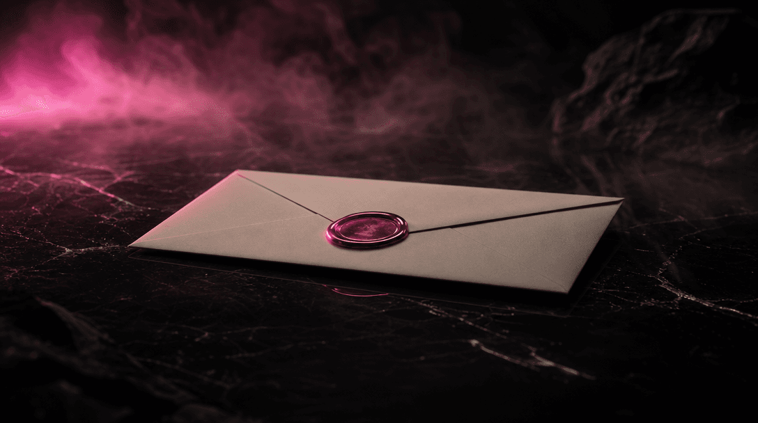 A premium cream envelope resting on a dark reflective obsidian surface surrounded by soft atmospheric haze, a single hot