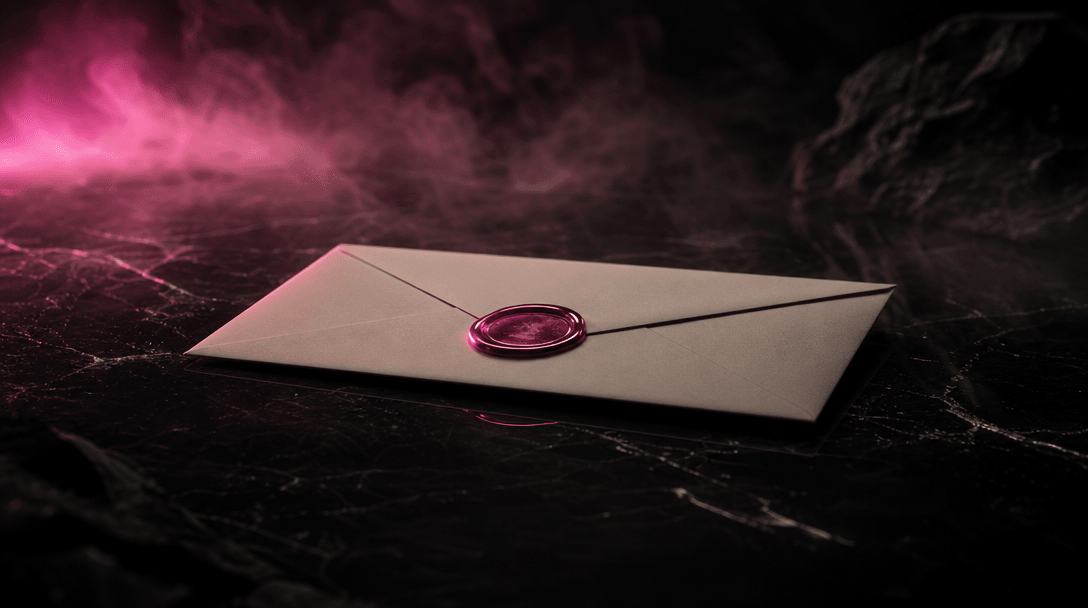 A premium cream envelope resting on a dark reflective obsidian surface surrounded by soft atmospheric haze, a single hot