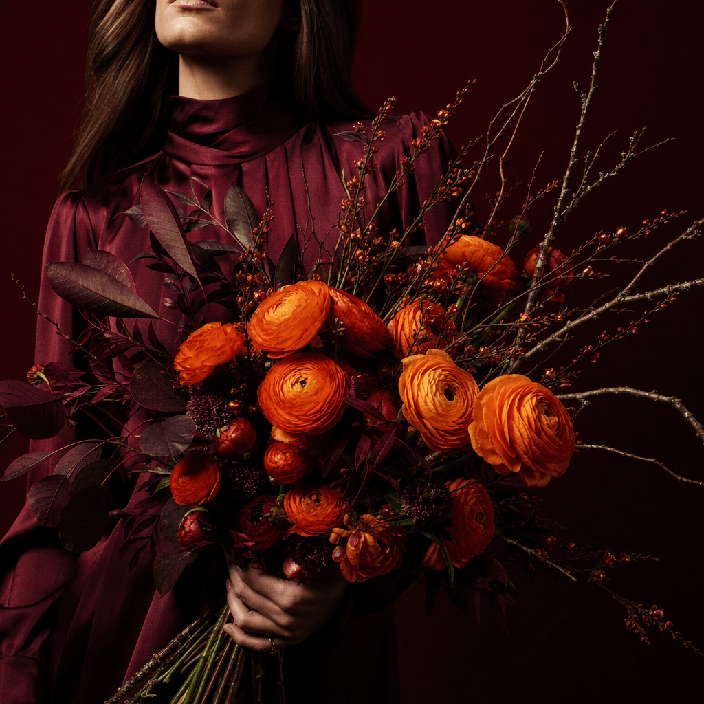A bold seasonal bouquet of orange ranunculus, burgundy foliage, and sculptural branches held against a dark oxblood stud