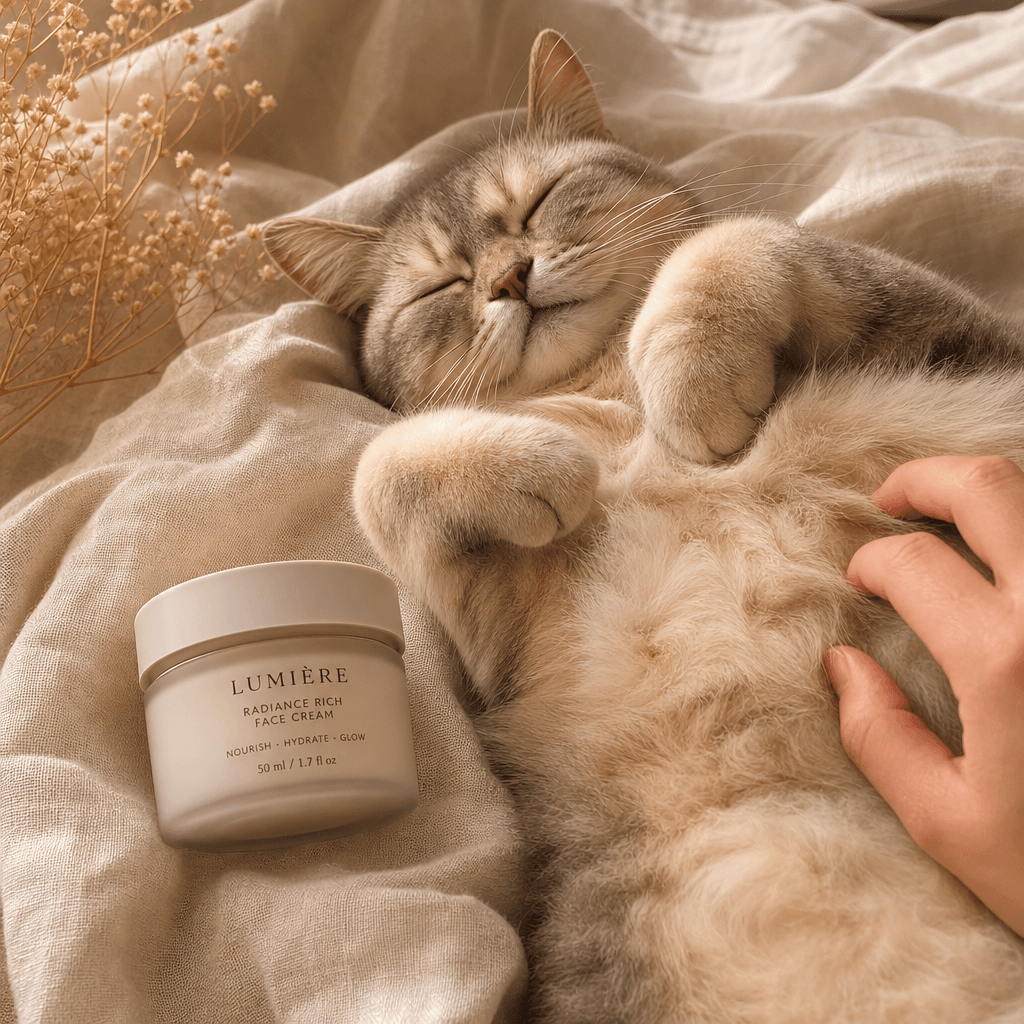 Face cream jar with sweet cat belly moment on soft linen blanket, warm ambient lighting, intimate framing.