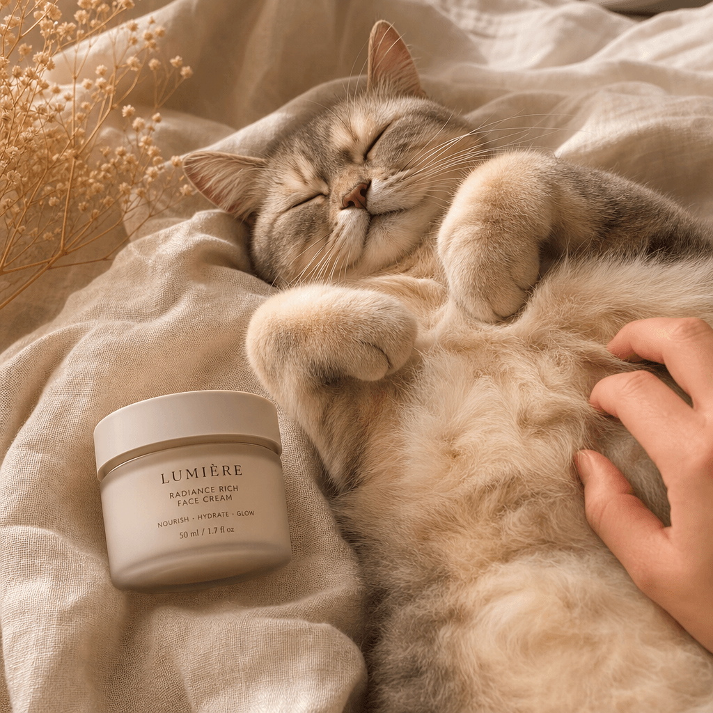 Face cream jar with sweet cat belly moment on soft linen blanket, warm ambient lighting, intimate framing.
